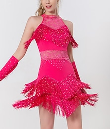 ieftine -rochie de dans latin dantela cu franjuri ciucuri volanat antrenament de performanță pentru femei fără mâneci poliester înalt roz hobby-uri