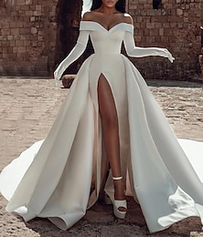 economico -Abiti da sposa formali vintage degli anni 1940/1950 A-Line off shoulder maniche lunghe strascico della cappella abiti da sposa in satin con apertura frontale colore solido.