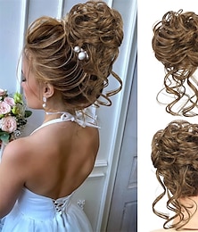 preiswerte -unordentliches Brötchen Haarteil Scrunchie zerzauste Hochsteckfrisur Haarverlängerungen Haarknoten lockiger gewellter Pferdeschwanz synthetischer Chignon für Frauen Mädchen