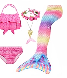 abordables -Enfants filles cinq pièces bikini natation arc-en-ciel mignon imprimé maillots de bain 3-10 ans printemps rose rouge