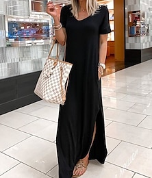 Χαμηλού Κόστους -Γυναικεία Μαύρο φόρεμα Καθημερινό φόρεμα Κοντομάνικο φόρεμα Μακρύ Φόρεμα Μάξι Φόρεμα Βαμβάκι Τσέπη Σκίσιμο Βασικό Καθημερινά Λαιμόκοψη V Κοντομάνικο Καλοκαίρι Άνοιξη Μαύρο Κρασί Σκέτο