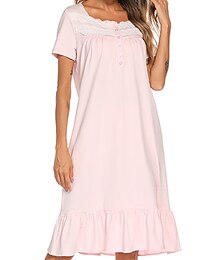 abordables -Camisón de pijama para mujer, color puro, sencillo, básico, informal, para uso diario en casa, de algodón, transpirable, con cuello cuadrado, manga corta, con botones, para verano y primavera