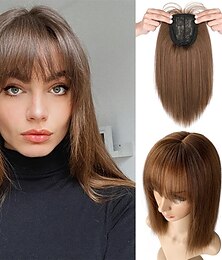 abordables -14 cheveux topper avec frange 200% densité soie base top postiches clip dans les extensions de cheveux perruque droite pour les femmes avec des cheveux clairsemés