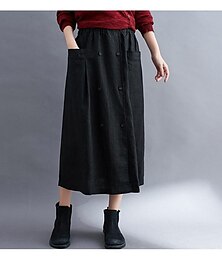 voordelige -Dames Rok A-lijn Lange rok Linnen rokken oma-stijl aan de kust Basic Casual Lange Lengte Midi Rokken Effen Zak Gespleten punten Straat Dagelijks Zwart Bruin Groen Abrikoos Lente zomer Katoen Linnen