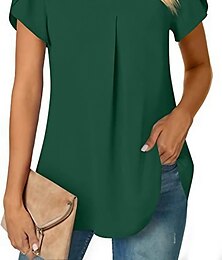 economico -camicetta da donna elegante neon&amp;manica petalo brillante manica corta scollo a V casual nero bianco rosso blu navy blu