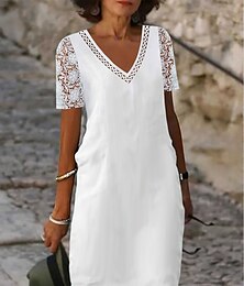 cheap -Women's Casual Dress Cotton Linen Dress Shift Dress Midi Dress Cotton Blend Modern Casual Daily Vacation V Neck Lace Hollow Out Short Sleeve Summer Spring 2023 Regular Fit White Pure Color S M L XL