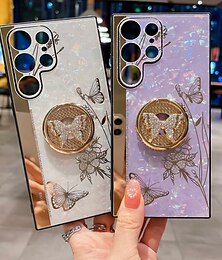 cheap -Phone Case For Samsung Galaxy S24 S23 S22 S21 S20 Ultra Plus FE S23 A72 A52 A42 Note 20 Ultra Back Cover Bumper Frame Rhinestone Ring Holder Butterfly Glitter Shine Flower TPU PC