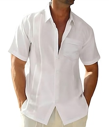 お買い得  -Men's Guayabera Shirt Linen Shirt Summer Shirt Beach Shirt Black White Light Blue Short Sleeve Plain Turndown Summer Outdoor Street Clothing Apparel Button-Down