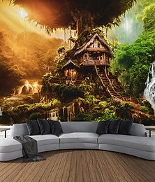 olcso -fantázia erdő táj fal kárpit növény folyó kunyhó művészet dekoráció takaró függöny otthon hálószoba nappali dekoráció