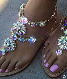 preiswerte -Flache Sandalen für Damen mit Strasssteinen – T-Riemchen-Sandalen mit goldenen Kristallen und Knöchelkette, elegante Sommer-Strand-Hochzeitsschuhe