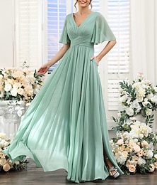 cheap -A-Line Bridesmaid Dress V Neck Short Sleeve Elegant Floor Length Chiffon with Split Front / Ruching 2023