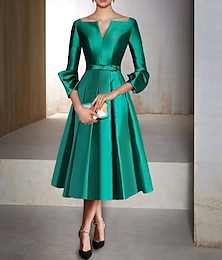 זול -שמלת קוקטייל א-קו שמלה אדומה ירוקה שמלה אלגנטית שמלה רשמית תה אורחים חתונה באורך 3/4 שרוול סאטן צווארון V עם קפלים 2024