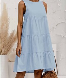 preiswerte -Damen Hellblau Armeegrün Schwarz Sommer Frühling Minikleid Baumwoll-Leinen-Kleider Freizeitkleid Stufenkleid Basic Lässig Outdoor Täglich Normale Passform Einfarbig Rundhalsausschnitt