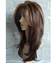 cheap -Long Layered Shoulder Length Brown with Camel color Highlight wig Synthetic Hair Fiber Highlight Multicolor Wigs for White Women