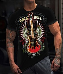 cheap -Rock And Roll Mens Graphic Shirt 3D | Black Cotton Tee Guitar Musical Instrument Crew Neck Clothing Apparel Print Outdoor Casual Short Birthday T-Shirt