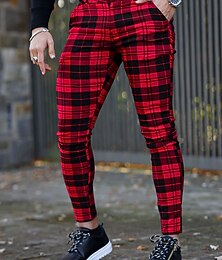 billiga -Herr Långbyxor Kinesiska Chino byxor Rutig klänning byxor Ficka Rutig Komfort Andningsfunktion Utomhus Dagligen Utekväll Mode Streetwear Vit Rubinrött