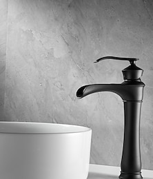 Недорогие -Смеситель для раковины с водопадом, черный, высокий смеситель для ванной комнаты, одна ручка, одно отверстие, шланг для горячей и холодной воды, кран для воды, установленный на палубе