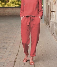 economico -Completo due pezzi da donna, casual, semplice, comodo, in tinta unita, con taschino, in cotone e lino, con pantaloni, per le vacanze, per tutti i giorni, a maniche lunghe, girocollo, nero, blu, arancione, beige, estate, primavera.