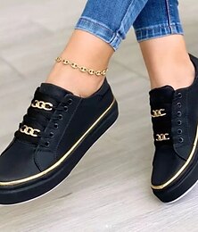 abordables -Zapatillas negras con cordones y detalle de cadena dorada para mujer: zapatos de moda casual para uso diario