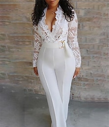 cheap -Women's Jumpsuit Lace High Waist Solid Color V Neck Elegant Wedding Party Regular Fit Long Sleeve White S M L Summer