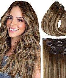 cheap -Clip in Hair Extensions Balayage Human Hair Dark Brown Fading to Caramel Brown with Brown Clip in Real Human Hair Extensions 14 Inch 120 Grams 7pcs/set
