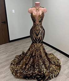 cheap -Mermaid Black Dress Evening Gown Sparkle Prom Dress Carnival Formal Court Train Sleeveless Illusion Neck African American Sequined with Sequin 2024
