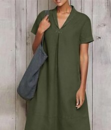 abordables -Femmes Vert militaire Bleu Ciel Kaki Été Printemps Robe Midi Robes en coton et lin Robe Décontractée Mode Moderne Occasionnel Extérieur Vacances Quotidien Coupe Ample Uni Col en V