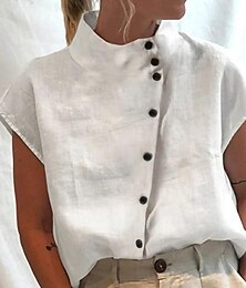 billige -Dame Skjorte Bluse Turtleneck skjorte Vanlig Afslappet Knap Hvid Kortærmet Elegant Mode Basale Stående krave