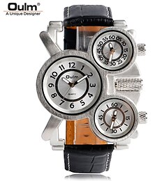 abordables -Reloj de cuarzo Oulm para hombres reloj de pulsera casual creativo analógico luminiscente tres zonas horarias reloj con correa de cuero impermeable