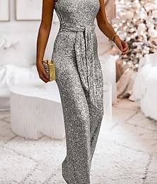 cheap -Women's Jumpsuit Backless Sequin Solid Color Crew Neck Elegant Wedding Party Regular Fit Sleeveless Silver Gold S M L Summer