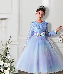 billiga -Barn Flickor Flower Girl Klänning Festklänning Ensfärgat Blomma Långärmad Prestanda Bröllop Fest Paljetter Knyta knut Elegant Prinsessa Polyester Maxi Tyllklänning Flower Girls Klänning Vår Höst