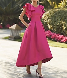 cheap -A-Line Wedding Guest Dress Hot Pink Elegant Dress Semi Formal Midi Asymmetrical Sleeveless V Neck Fall Stretch Fabric with Ruffles 2024