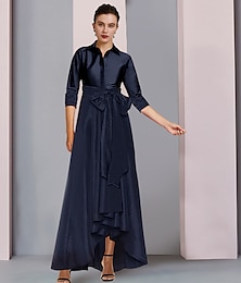 cheap -A-Line Mother of the Bride Dress Elegant Plus Size High Low Shirt Collar Asymmetrical Floor Length Satin 3/4 Length Sleeve with Sash / Ribbon Bow(s) Pleats 2024