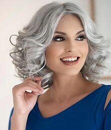 abordables -pelucas onduladas cortas grises mixtas para mujeres blancas peluca rizada gris de longitud media peluca sintética de aspecto natural