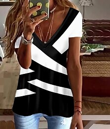 abordables -Mujer Camiseta Saliendo de la parte superior Bloque de color Túnicas Básico Manga Corta Escote en Pico Tops regulares Diario Fin de semana Estampado Negro