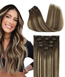 cheap -Clip in Hair Extensions Real Human Hair 5pcs 80g Balayage Chocolate Brown to Honey Blonde 18 Inch DOORES Hair Extensions Clip in Natural Straight Hair Extensions