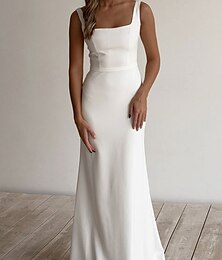 preiswerte -Strand Hochzeit Strand Lässig Einfache Hochzeitskleider Schaft Quadratischer Ausschnitt Ärmellos Bodenlang Stretchstoff Brautkleider mit Gürtel  Band 2025