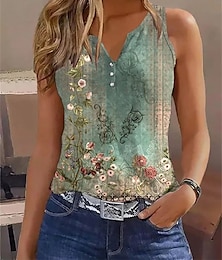 cheap -Women's Tank Top Floral Casual Holiday Button Print White Short Sleeve Basic V Neck
