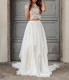 economico -Abiti da sposa boho per matrimoni in spiaggia due pezzi con scollatura a barca senza maniche strascico corto in chiffon abiti da sposa con applicazioni in colori solidi