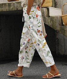 cheap -Women's Wide Leg Baggy Pants Linen Cotton Blend Side Pockets Print Ankle-Length White Summer