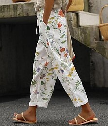 economico -Pantaloni da donna in cotone e lino pantaloni larghi simili al lino vintage casual lunghezza alla caviglia floreale con cordoncino tasche laterali stampa comfort inelastico casual quotidiani bianchi