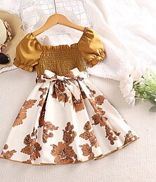 cheap -Kids Girls' Dress Floral Flower Short Sleeve Outdoor Casual Puff Sleeve Fashion Daily Cotton Above Knee Casual Dress A Line Dress Floral Dress Summer Spring 1-6 Years Red Brown Green