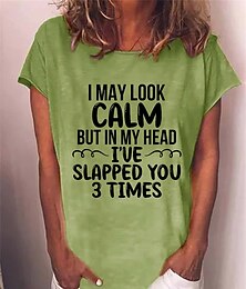 abordables -Mujer Camiseta Letra Texto Comportamiento Básico Neón y brillante Manga Corta Escote Redondo Tops regulares Diario Fin de semana Estampado Negro Rojo Azul Piscina Verde Trébol Gris Primavera, Otoño