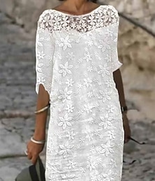 cheap -Women's Cotton Linen Dress Shift Dress Midi Dress Contrast Lace Embroidered Elegant Daily Crew Neck Half Sleeve Summer Spring White