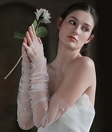 ieftine -Plasă Lungime Cot Mănușă Stilat / Elegant Cu Perlă Artificială Mănușă de nuntă / petrecere
