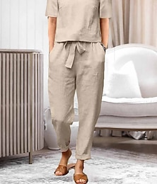 economico -Set da due pezzi da donna, casual, alla moda, semplice, in tinta unita, in cotone e lino, con tasche, maglietta e pantaloni, per strada, per appuntamenti in aeroporto, a mezza manica, girocollo, verde militare, arancione, kaki, blu scuro, estate e primave