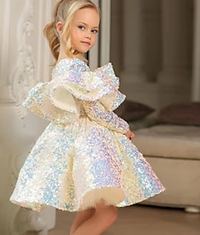 cheap -Toddler Girls' Party Dress Sequin Long Sleeve Performance Mesh Cute Princess Polyester Above Knee Sheath Dress Tulle Dress Summer Spring Fall 3-7 Years White Wine Sky Blue