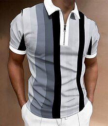 cheap -Men's Zip Polo Polo Shirt Casual Daily Quarter Zip Short Sleeve Fashion Basic Color Block Vertical Stripes Zipper Summer Regular Fit Dark Yellow Pink Blue Brown Green Gray Zip Polo