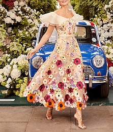 ieftine -rochii de cocktail în formă de A rochie florală pentru invitați de nuntă ținute de petrecere până la gleznă fără mâneci cu decolteu în V dantelă cu aplicații cu volane 2024