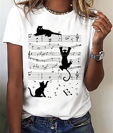 abordables -Camiseta básica para mujer con estampado de gato, manga corta, cuello redondo, para uso diario, fin de semana, color blanco